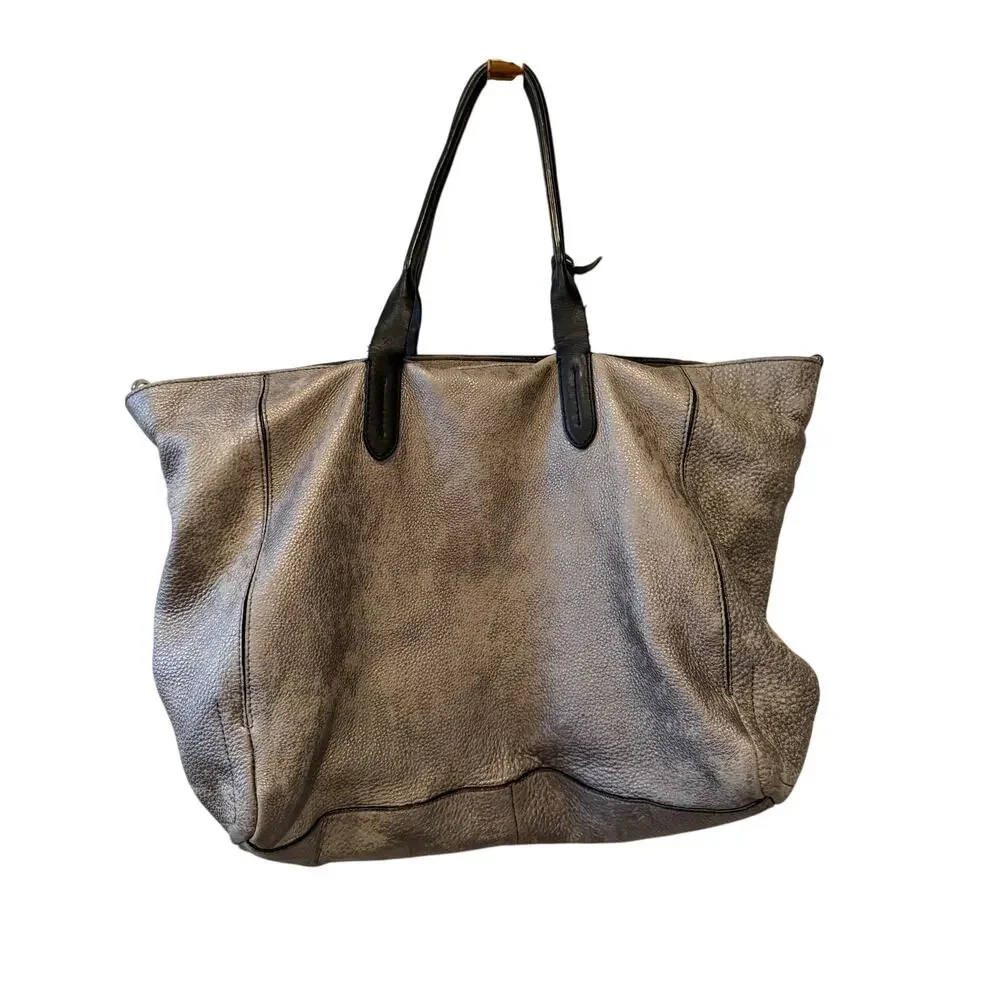 Cole Haan Pebbled Leather Top Handle Tote Bag Distressed Metallic Pewter
